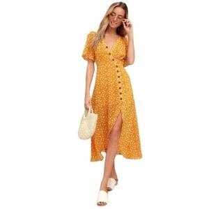 Lulus Midi Dress Small After-Bloom Delight Golden Yellow Floral Print Boho‎ NWT
